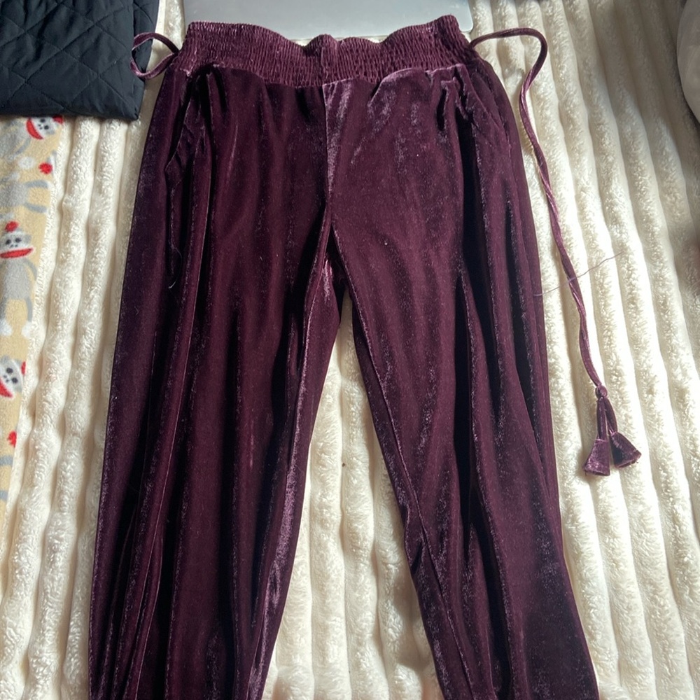 purple/burgundy “velvet” joggers